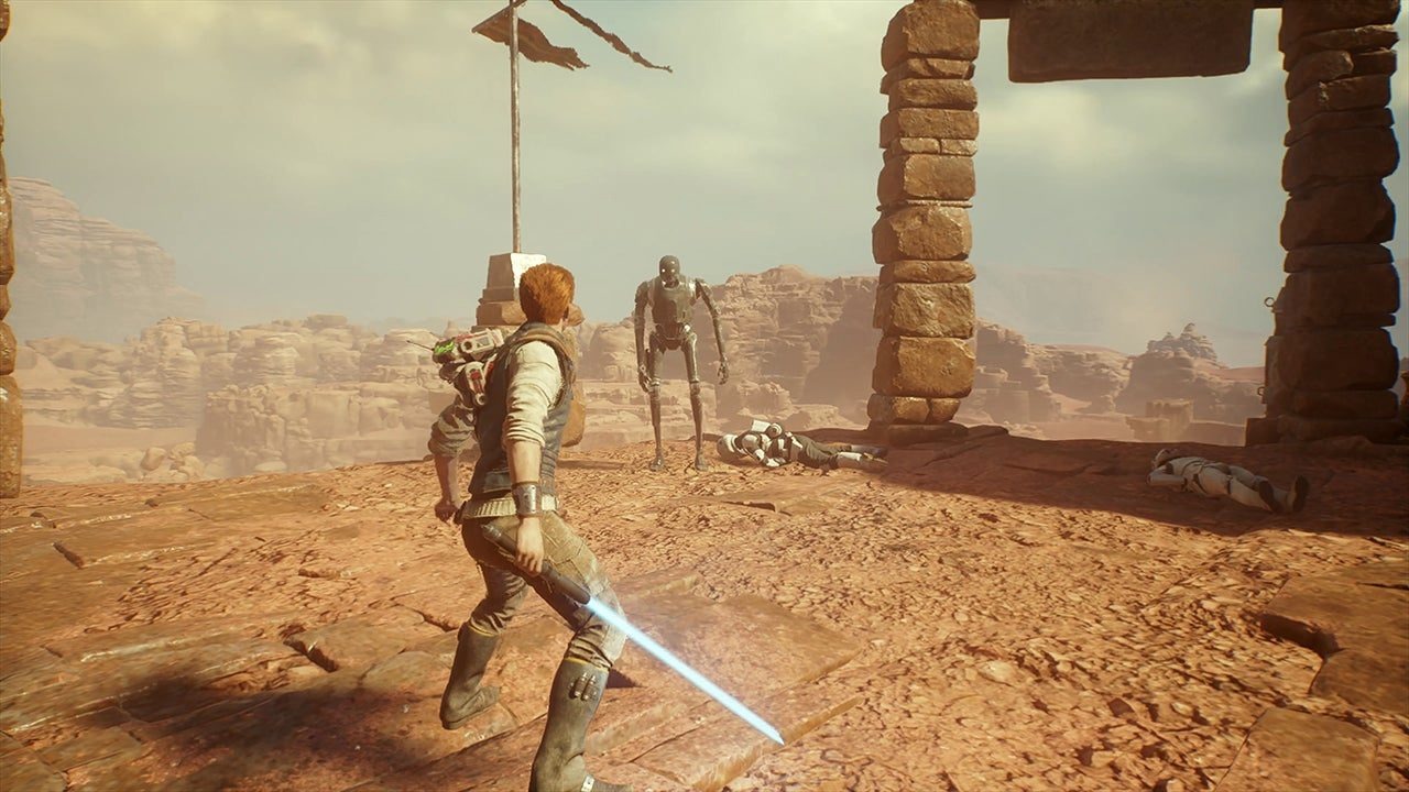 کال کستیس در حال مبارزه با شمشیر لیزری در بازی Star Wars Jedi Survivor و خرید اکانت قانونی PS5